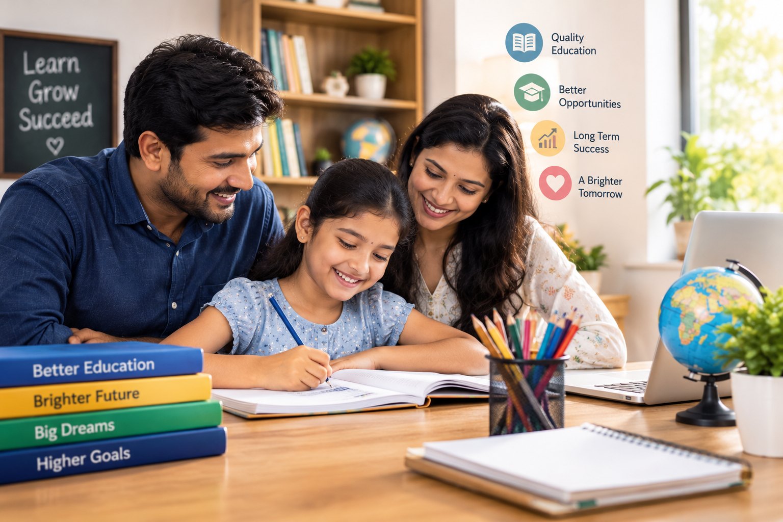 Indian parents helping their daughter study at home