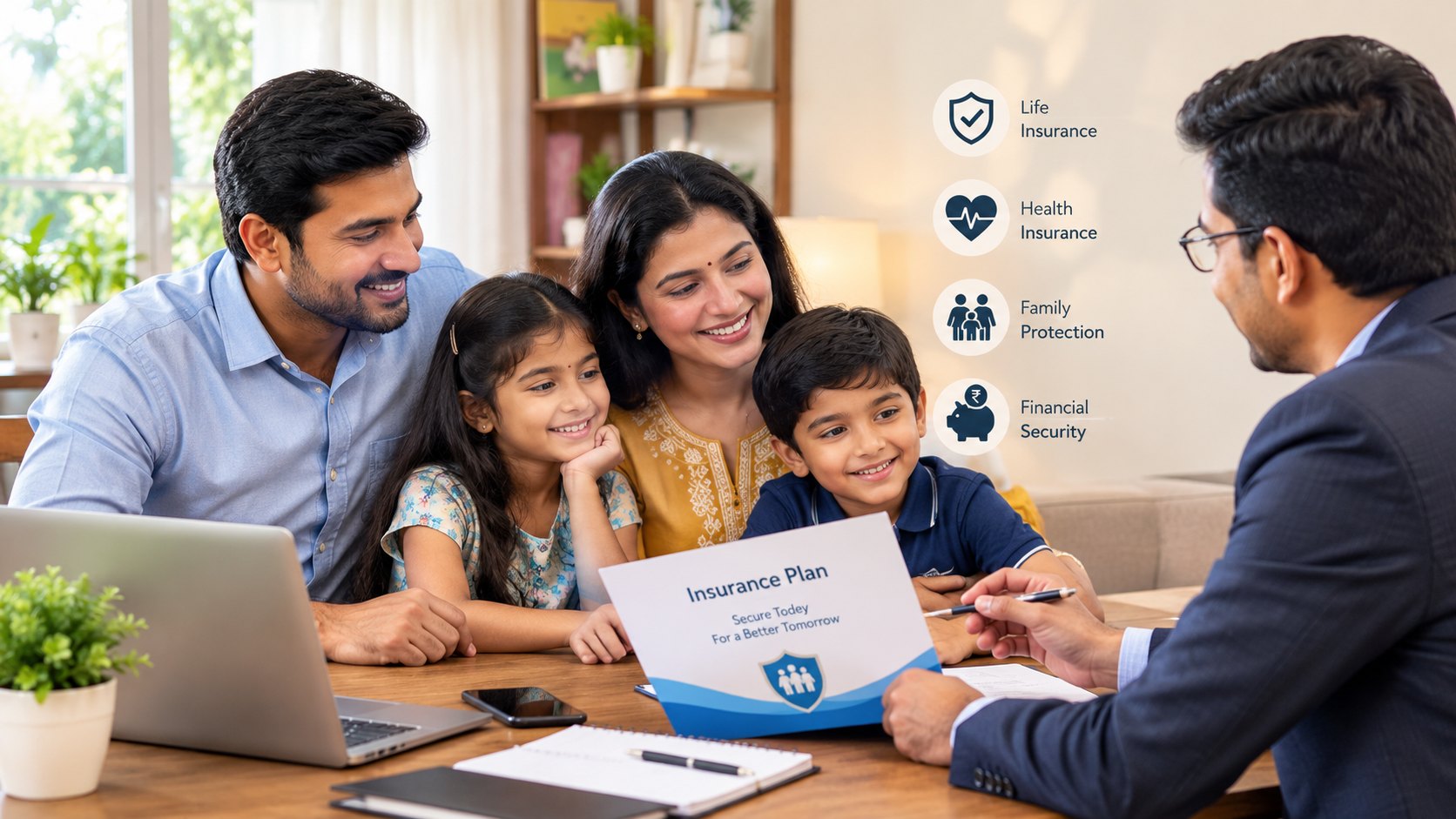 Indian family going through an insurance plan with an advisor at home